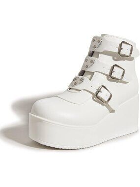 Lucky Step Women White Round Toe Zipper Wedges High Heel Rave Buckle Booties